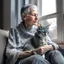 Placeholder: create a sleeping grey haired middle aged woman with chin length hair, sitting on a chair, in front of a window, holding her beloved gray and white tabby Oriental shorthair cat, also sleeping, in her arms. Serene peaceful calm. the snow falling outside