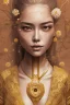 Placeholder: portrait, asian lady sitting on the throne, triangular face, thin lips, brown eyes, freckles, blond, dangerous, details, texture, flowers, Minimalism, Romanticism, Expressionism, Impressionism