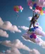 Placeholder: Ultra realistic speed clouds sky scene, wide angle view, sweet childs falling down, inflatable color clothing, free jumping flying, many trinkets, hair monster, many jelly beans, balls, color smoke, smile, happy, circus style, extreme, wind, clouds sea, 20,000 feet altitude, stratosphere, soft color, highly detailed, unreal engine 5, ray tracing, RTX, lumen lighting, ultra detail, volumetric lighting, 3d, finely drawn, high definition, high resolution.