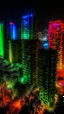 Placeholder: A big city high towers buildings , ultra HD, in 8K, no one sees what you see in the buildings , Tiene rare colors that mix fluorescence and bioluminescence, in all the paleta of colors, its extra colors, its tall filaments of pilosos that parecen cobrar vida. The tree creates an alien forest, illuminated by a warm ray of light. Destaca the extraterrestrial environment and the hojas de la hierba.Style: Hi