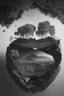 Placeholder: Beautiful landscape with trees, earth opens up and breaks down in black polygons.