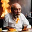 Placeholder: Charles Bukowski participate au meilleur pâtissier 2020, his cigarette in the mouth and a bottle of rhum for his dessert un épais flaming baba au rhum in fire