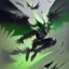 Placeholder: demonio de armadura verde y negro y alas negras con plumas volando hacia abajo a gran velocidad en el aire