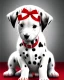 Placeholder: photorealistic dalmatian puppy, tilting head, sitting on kitchen floor, red collar, black paw prints on floor