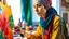 Placeholder: A young, Middle Eastern female artist in a vibrant, sunlit studio, wearing paint-splattered overalls and a colorful headscarf, working on a large canvas with passion.