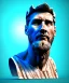 Placeholder: Ultra Realistic image, roman sculpture, marble deluxe material, Lionel Messi, Laurel leaves crown model, miguel angel style, chisel style,wide stripes of light blue and white paint, emperador, waist up portrait, cinematic lighting, God light, god rays, 4k resolution, smooth details, ornate details, soft lighting, unreal engine 5, sky background.