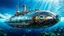 Placeholder: An unique cyber steampunk glass and metal submarine in the ocean, with large of water surrounding it. The submarine bottom positioned in the center of the frame, providing a unique perspective on this streamlined high-techstructure and interior equipment underwater, high detalied, sharp focus, best shot, sci-fi mood