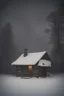 Placeholder: old cabin in a blizzard at night by a lake