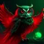 Placeholder: Owl design with ice, lava and starlight, iridescent wings under a molten lava blood red moon with eerie fog, the owl has green eyes 8k UHD Gothic fantasy art with splatter.