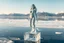 Placeholder: in a frozen sea with pretty mountains a full model lady statue made of frozon water in artist pose standing over a ice block looking at camera, of clear glass like ice that going to melt and water drops fall from all body.
