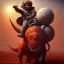 Placeholder: 1yo little boy is on safari on the moon. riding on the red dinosaur. he has big and a funny hat. High detailed. Cinematic. oil on canvas painting. Warm lights. beksinski