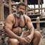 Placeholder: close up photography of a arab ugly burly serious wet sweaty, muscular chubby strong fat carpenter, shirtless, swimwear, bulge, manly chest, very hairy allover, big goatee 51 years old, short hair, sitting with open legs on a little chair , on a construction site in the middle of a road, under the August sun, emotional eyes, , hyper-realistic, photorealistic , frontal view from the ground