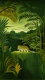 Placeholder: An olive green colored jungle with jade tigers painted by Henri Rousseau