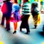 Placeholder: Picture 1950's street life, people, New York, very blurry, abstractism, colours, strong texture, 3d, chaotic