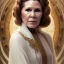 Placeholder: hyperspace background, complete and photo realistic detailed head to waist stunning photo realistic portrait of carrie fisher as Princess Leia in star wars with photo realistic updo hair by Mandy Jurgens and mucha and Richard Schmid and chuck close and chie yoshii, extraordinary and detailed ceremony dress of star wars,brown eyes