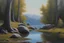 Placeholder: day, few trees, few rocks, 2000's sci fi movies influence, lake, very easy landscape, friedrich eckenfelder impressionism paintings