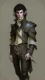 Placeholder: ron koza style, young man elf, he has curly, black hair and sharp cheekbones. His eyes are black. pale skin. He wears fantasy medieval clothes. full body with boots