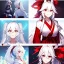 Placeholder: Clear focus, 8k, beautiful lighting, vibrant colors, fox girl, white hair, long hair, vibrant red eyes, ponytail, messy hair, hair in between the eyes, miko