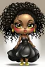 Placeholder: create a digital airbrush image of a chibi curvy black female wearing a black maxi dress and black sandals. Prominent make up with brown eyes. Highly detailed wild tight curly hair.