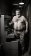 Placeholder: full figure shot photography of an italian strong massive big chubby 50 year old man in opened gray trousers, manly chest,, short beard, shirtless, printer in an old printing house, next to a huge old printer, dim light, side light, ambient occlusion