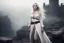 Placeholder: she has ethereal beauty amidst the mist-shrouded ruins of a stone castle. Her pale skin and white hair shimmered like moonlight. Clad in a white tunic, brown pants, and a leather belt with mysterious pouches, she stands, her silver dagger in hand, in the desolate landscape. her leather bracelets and corset, like a second skin of dark magic, witnesses of the countless battles she won