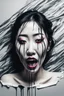 Placeholder: paper portrait of Goth Asian woman, lying pose, face distorted with pain, reverse colors, screaming, tears streaming from eyes, glitchcore, horror, ultra realist texture,