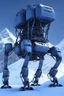 Placeholder: a sleek mechanical walker with eight legs scaling a very steep snow covered side of mout everest at night, it has a smooth surface, it has storage pods on its belly and humans can fit in the pods