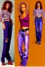 Placeholder: year 1996 denim fashion. Loose fit, "combat pants" with low waist, baggy, Combat pants and t-shirt. Colors: denim blue, blue, purple, khaki, light green, lilac, plum, orange, terracotta, red, pink, dark blue, beige. Women models. Patterns: cheetah, balls, stripes.Jennifer Lopez, Gwyneth Paltrow, . Big tennis shoes on. Cargo pants. leg warmer