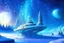 Placeholder: vaisseau galactique, lumière bleu, paysage d'hiver, fées,