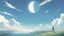 Placeholder: giant half transparent virtual moon, glitchy, blurry, mechanical, sci-fi, maximum quality, centered on frame, far view, in the middle of a grassy hill, white sky with cumulonimbus, manga, makoto shinkai style, blue sea