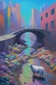 Placeholder: painting of a cyberpunk colourful natural walkway rubbish on the street in the city with pollution and a small bridge by a creek with electric sheep and androids by monet