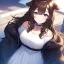 Placeholder: Clear focus, High resolution, Long fluffy brown hair, blue eyes, wearing a white skirt, detailed outfit, wearing a jacket oversized off shoulder, rough line, hair above ears, dog ears, off shoulder white shirt, chopped bangs, parted hair, medium locks