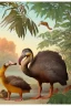 Placeholder: John James Audubon-like illustration of a fully uncropped Dodo bird and a Platypus in a landscape of warm yellows, warm reds, and warm blues