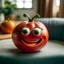 Placeholder: A TOMATO SHE HAS HANDS TWO EYES TWO LEGS A NOSE AND MOUTH SMILING SITTING ON A COUCH