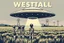 Placeholder: bumper sticker design, westall large flat ufo, in bold heading text "WESTALL 1966", lots of school children looking up in a field with high voltage powerline and gumtree's, mysterious cool, bold