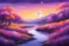 Placeholder: Landscape with river, bright colors, subset, purple, yellow, pink, pretty, purple flower trees, moon