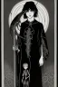 Placeholder: 7 year old boy, necromancer, friendly, looks dead,with a long lamprey emerging from his belly , wearing black robes, in the style of Harry Clarke