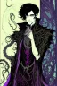 Placeholder: black haired young man necromancer wizard with gothic jewelry and tentacle fingers in the style of Harry Clarke