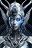 Placeholder: A beautiful alien with big eyes and small nose and mouth wearing a bioluminescense bright white crystal zafír biomechanical silver metallic diadem headress, wearing biomechanical amalgamation style leather jacket dress ribbed with silver floral metallic filigree biomechanical vantablack pattern, organic bio spinal ribbed detail of gothic winter backround extremely detailed maximalist hyperrealistic portrait art
