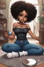 Placeholder: Create a furturism magna art of a black chibi curvy female sitting on the floor looking at herself in a hand mirror. She is wearing tight blue jeans and a black off the shoulder blouse. Prominent make up with lush lashes. Highly detailed tight curly afro. She is also wearing silver large hoop earringsart of a black chibi curvy female sitting on the floor looking at her cell phone. She is wearing tight blue jeans and a black off the shoulder blouse. Prominent make up with lush lashes.