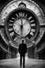 Placeholder: Concept photo, artistic photo, black and white, man in search of meaning, big clock