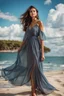 Placeholder: young lady wearing beautiful maxi dress standing in beach posing to camera ,ships in sea ,blue sky nice clouds