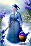 Placeholder: Friendly witch, playing with hens, perfect iris, pastel colours, snow, style Beatrix Potter