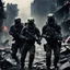 Placeholder: a bloody xenomorph [vintage style noisy scratches glitches, Shot the texture and then rewound the film and double exposed] In the midst of the destroyed city under the bombs, the two US Marine soldiers move with precision in tight formation across the ruins, while the alien xenomorphs lurk in the darkness. Their eyes scanning the shadows as they sought to avoid being surprised by the deadly foes that could strike at any moment.