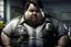 Placeholder: Cree l image d un agent de sécurité obese et sale. Il porte une chemise blanche tachée et boit une cannette de la marque monster. Il a des cheveux noirs hirsutes. 4k realiste. Il est très sale