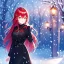 Placeholder: girl, masterpiece, best quality, volumetric lighting, detailed outfit, perfect eyes, red hair, golden eyes, long hair, snowing, outdoors, winter outfit, hairclip, depth of field, black outfit,