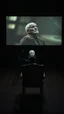 Placeholder: An old movie projector in side an empty dark room with an empty chair facing the screen, in the screen is picture of an old man looking up y