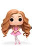 Placeholder: Funko figure of a very young female, smiling, long very wavy light brown hair, wearing a ballerina dress, pink dress, ballet, very cute, ballet pose,. typography, 3D render. White background