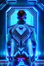 Placeholder: cyberpunk, neon blue, triangle of light behind the back, cyber suit, geometric patterns on a suit, male