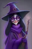 Placeholder: Happy smiling mysterious witch, cartoon character, small nose, black eyes, with two hands, she puts on glasses, she wears a long purple jacket, she put on a witch's hat, she wears high heels shoes, Full body, high detail, she holds a magic stick in her hand, face high details, long black hair, stunning realistic photograph